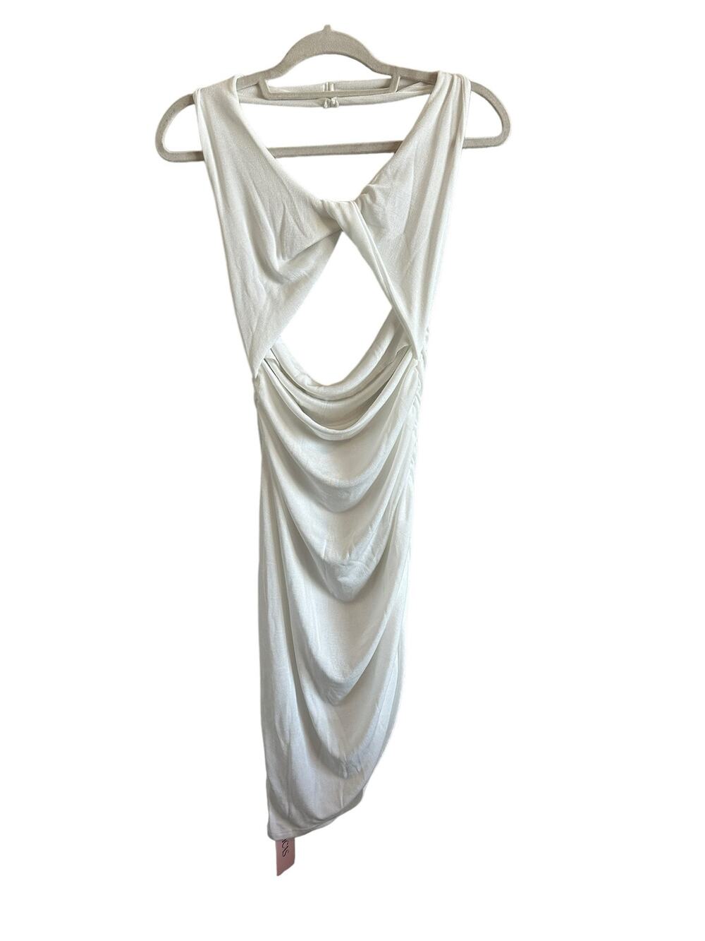 Micas Women's XL Optical White Sleeveless Twist Knot Backless Ruched Midi Dress